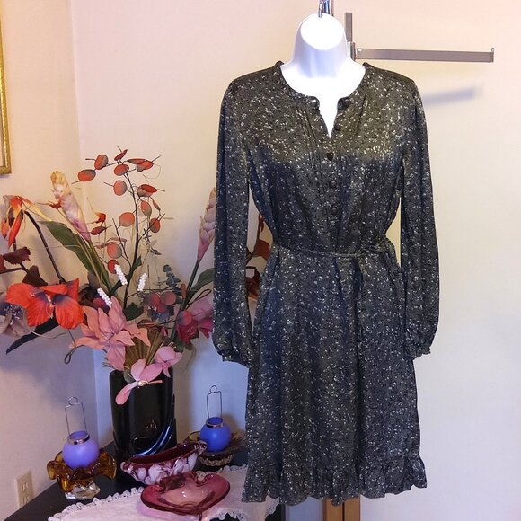 NWOT Signal Ruffle Pleated Dress Long Sleeve Olive Summer Spring Fall Dresses 38 - Picture 3 of 8